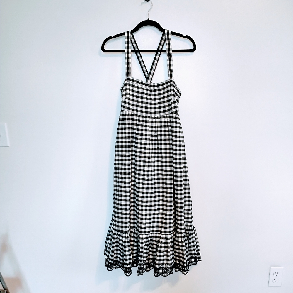 J Crew black and white gingham midi babydoll dress with cross strapped back.  Fu - Picture 2 of 10